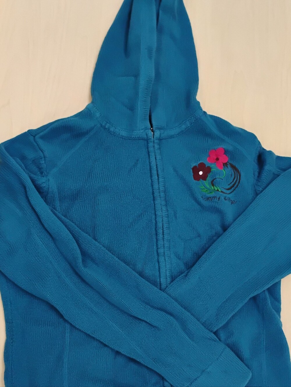 Tommy Hilfiger Teal Hooded Zip Jacket with Floral & Phoenix Embroidery Size L